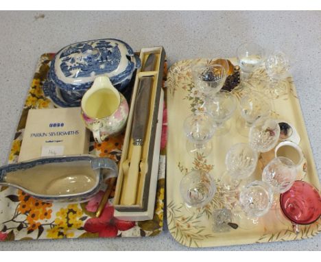 A Royal Worcester Blush Ivory vase, miniature Coalport cup, saucer plus china, glass and cutlery (two trays)