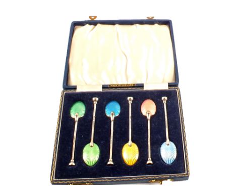 A set of six Silver guilloche enamel coffee spoons, Sheffield
