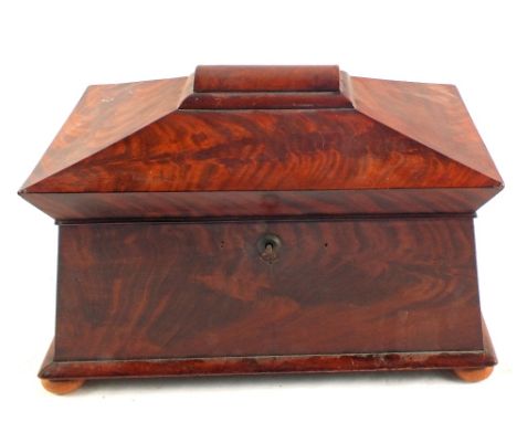 A large Victorian flame Mahogany double compartment tea caddy