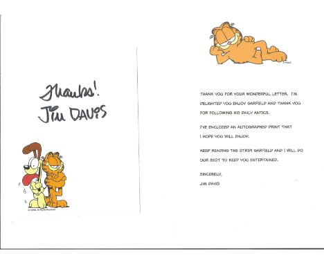 Garfield Jim Davis. Signed postcard sized print of Garfield signed by artist Jim Davis with typed unsigned letter. Good Condi