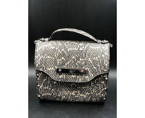 MCQ ALEXANDER MCQUEEN HANDBAG. A GREY LEATHER PYTHON SNAKE PRINT AND WOOD SIDE CROSSBODY HANDBAG. DETACHABLE LEATHER SHOULDER