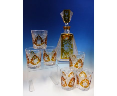 A SET OF SIX BOHEMIAN AMBER OVERLAY TUMBLERS CUT WITH FLOWERS EN SUITE WITH A DECANTER AND STOPPER