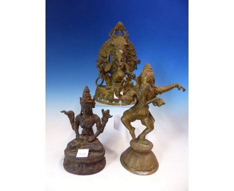 TWO POLISHED BRONZE FIGURES OF GANESH.   H 20cms. TOGETHER WITH A TIBETAN IRON FIGURE OF THE WHITE TARA.   H 15cms.