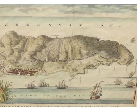 AFTER J. BAFIRE.  AN ANTIQUE HAND COLOURED PRINT OF GIBRALTAR.  A PLAN OF THE TOWN AND FORTIFICATIONS.  38 x 59cms. 