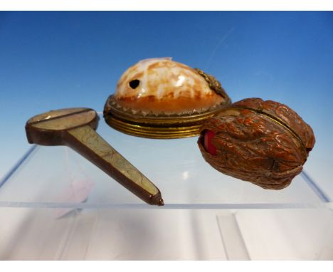 A MOTHER OF PEARL MOUNTED SCISSOR CASE.   11cms. A WALNUT NECESSAIRE CONTAINING A THIMBLE TOGETHER WITH A COWRIE SHELL SNUFF 