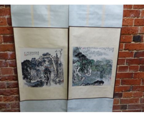 TWO CHINESE SCROLL PAINTINGS, ONE PAINTED WITH A VIEW OF A PAVILION THROUGH ROCKS ARRANGED IN A GARDEN, THE OTHER OF LOTUS GR