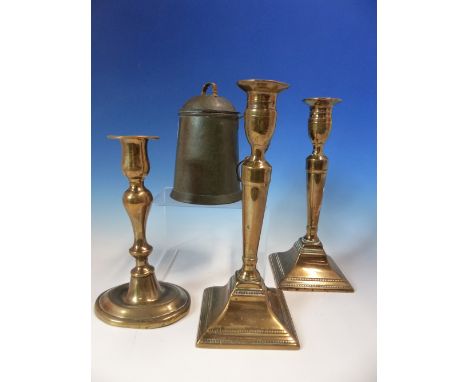 A KESWICK SCHOOL OF INDUSTRIAL ART COPPER COVERED PINT MUG, A PAIR OF BRASS SQUARE BASE CANDLESTICKS.   H 23.5cms. AND A SMAL