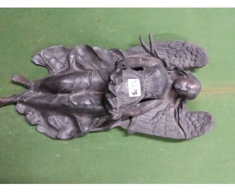 AFTER HENRY ETIENNE DUMAIGE (1810-1888), A WALL MOUNTING BRONZE BENITIER CAST AS AN ANGEL HOLDING A SHELL.   H 42cms. 