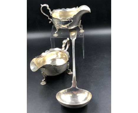 A GEORGIAN SILVER LADLE DATED 1818 LONDON FOR WILLIAM ELEY &amp; WILLIAM FEARN, WEIGHT 217grms, TOGETHER WITH A PAIR OF SILVE
