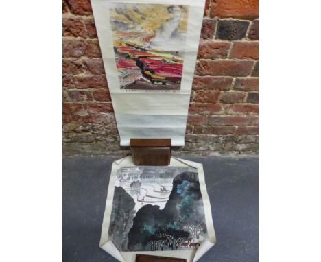 TWO CHINESE SCROLL PAINTINGS, ONE WITH A GIRL WITH FIVE BIRDS ON A RICE TERRACE.   46.5 x 49.5cms. THE OTHER WITH A CELEBRATO