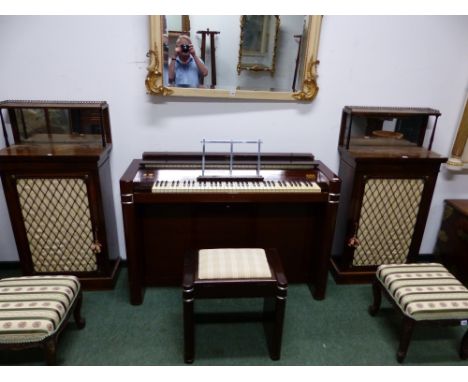 A PAIR OF ANTIQUE AND LATER ROSEWOOD SIDE CABINETS, THE RECESSED SHELF BACKS WITH BRASS THREE QUARTER GALLERIES ABOVE MIRRORE