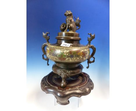 A CHINESE CHAMPLEVE BRONZE TWO HANDLED INCENSE BURNER, COVER AND WOOD STAND, THE BUN SHAPED BODY ENAMELLED WITH DAODIEH ABOVE