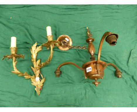 A COPPER THREE LAMP CHANDELIER.   H 39cms. TOGETHER WITH AN ORMOLU TWO BRANCH WALL LIGHT CASE WITH ROCOCO FOLIAGE.   H 35cms.