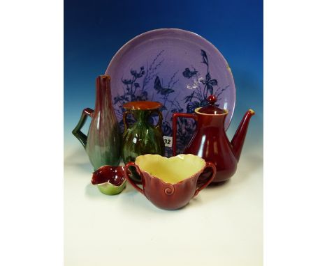 A COLLECTION OF SIX LINTHORPE POTTERY WARES, THE COFFEE POT, A TWO HANDLED BOWL AND SPICE BOWL GLAZED RED, A TWO HANDLED VASE