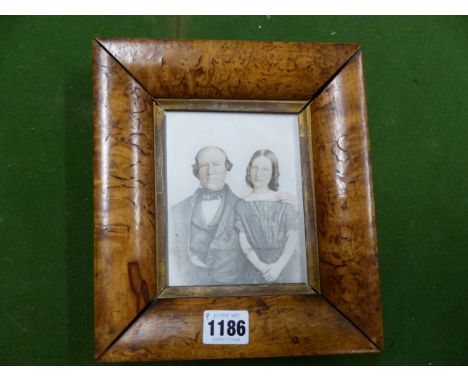 A HAND TINTED PORTRAIT MINIATURE OF MR ALLEN AND HIS DAUGHTER MARTHA IN A VICTORIAN BURR WOOD FRAME, THEIR CLOTHING STRENGTHE
