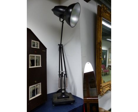 A FLOOR STANDING BLACK ANGLEPOISE GIANT 1227 LAMP ON STEPPED SQUARE FOOT LABELLED 205/250, THE RIM OF THE SHADE.   Dia. 43cms
