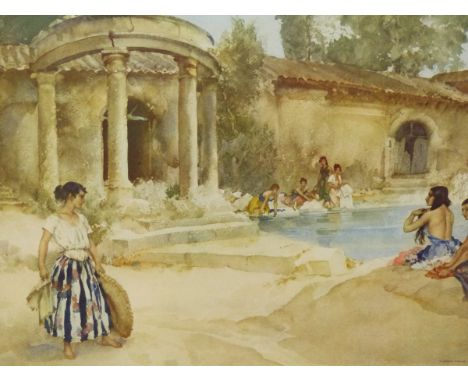 RUSSELL FLINT (1880-1969).  ARR.  WASHING DAY.  PENCIL SIGNED COLOUR PRINT.  43.5 x 58cms.