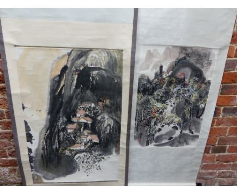 TWO CHINESE SCROLL PAINTINGS OF MOUNTAINOUS VIEWS, ONE WITH RED ROOVES AMONGST THE NEAR VERTICAL BLACK SIDES.   92 x 60cms. T