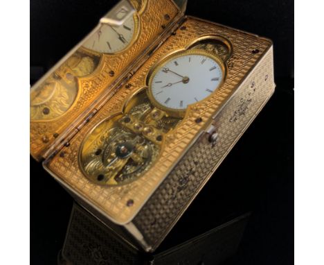 A FINE ANTIQUE SILVER-GILT SKELETON-ESCAPEMENT TIMEPIECE SNUFF BOX. WITH FINELY ENGINE -TURNED AND CHASED DECORATION ON ALL S