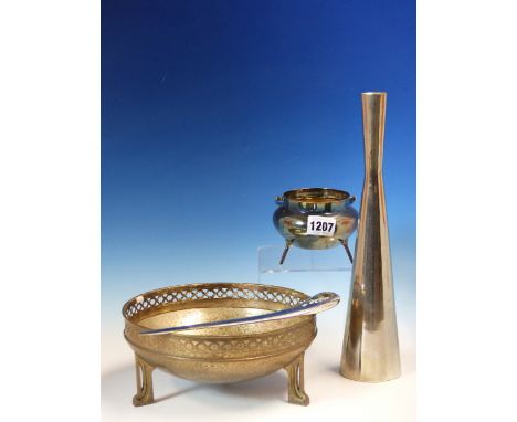 A CHRISTOPHER DRESSER STYLE ELECTROPLATE TRIPOD BOWL WITH OVER SWING HANDLE.   Dia. 10cms. A HAMMERED TRIPOD BOWL, A 1960S PA