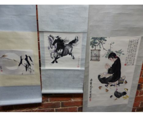 THREE CHINESE SCROLLS DEPICTING AN INSECT AGAINST A FULL MOON.   23 x 29cms. TWO GALLOPING HORSES.   32 x 31cms.  AND A GIRL 