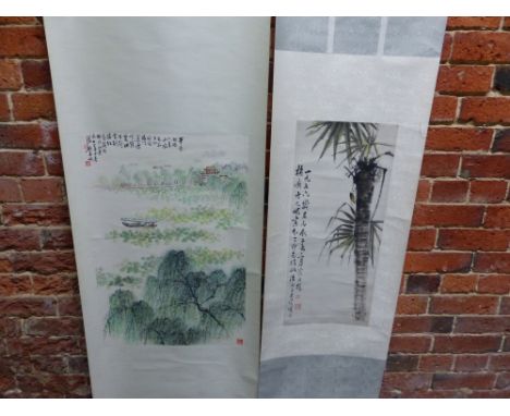 TWO CHINESE SCROLL PAINTINGS, ONE OF A BOAT AMONGST LOTUS ON A LAKE BELOW WILLOW TREES.   69.5 x 46cms. THE OTHER OF AN INSEC