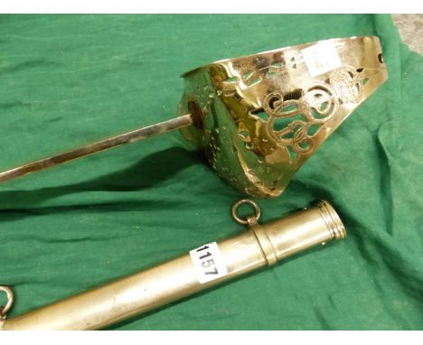 AN ELIZABETH II MILITARY SWORD AND IRON SCABBARD, THE PIERCED GUARD AND ETCHED BLADE WITH THE ROYAL CYPHER