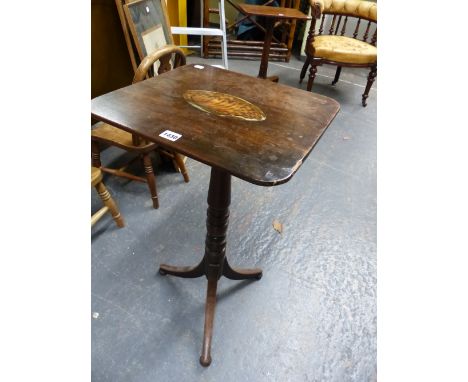 A 19th C. MAHOGANY TRIPOD TABLE, THE RECTANGULAR TOP INLAID WITH A SHELL OVAL, THE COLUMN TURNED ABOVE THE DOWNSWEPT LEGS ON 