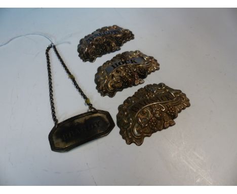 A SET OF THREE SILVER PLATED DECANTER LABELS , BARSACK, TENERIFFE, AND HOCK. 