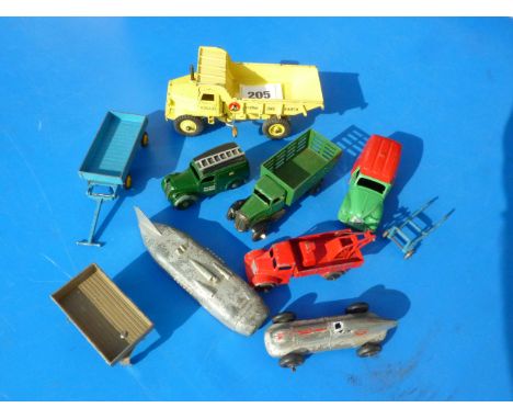 DINKY TOYS EUCLID DUMP TRUCK, PO TELEPHONE VAN 261, BP, PRE / POST WAR CATTLE TRUCK, BREAK DOWN & EARLY RACING CARS