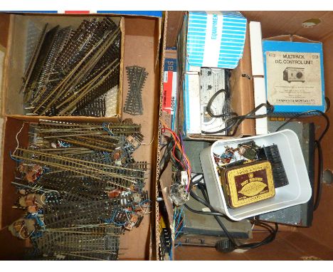 MODEL RAILWAY TRACK EX LAYOUT, PECO POINTS, POINT MOTORS, ACTUATORS, APPROX. 55, CROSS OVERS, OLDER H&M CONTROLLERS CLIPPERS,