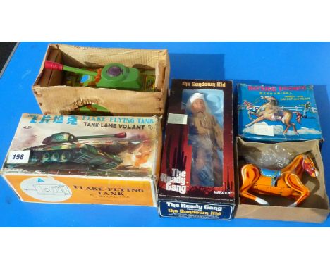 BOXED FLAKE THROWING TANK, TINPLATE BUCKING BRONCO, MARX THE SUNDANCE KID