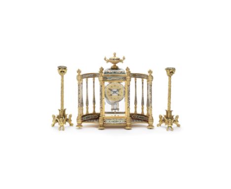 A good late 19th century brass and cloisonné enamel colonnade mantel clock together with a pair of gilt brass candlesticksMar