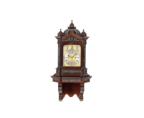 A fine quality late 19th century carved mahogany quarter chiming bracket clock with original bracketUnsignedThe architectural