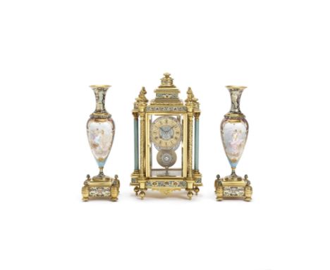 A fine late 19th century brass and cloisonné enamel mantel clock with a pair of associated vasesJapy Freres, no.12309The high