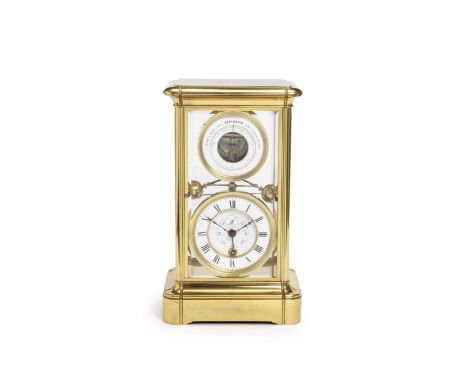 A VERY RARE 19TH CENTURY FRENCH 400-DAY DURATION FOUR-GLASS MANTEL CLOCK WITH POWER RESERVE INDICATION AND ANEROID BAROMETER,