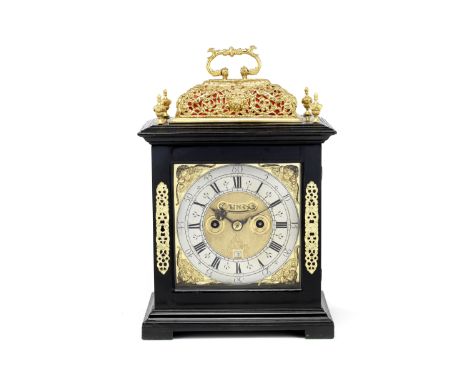 A late 17th century ebony brass-mounted basket-top table clock with pull quarter repeatRichard Fennell, KensingtonThe silk-ba