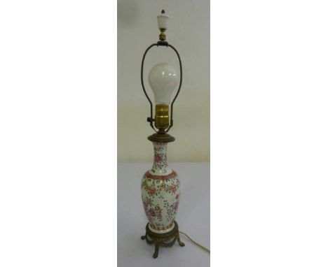 Chinese Famile Rose porcelain vase converted to a lamp, on metal base