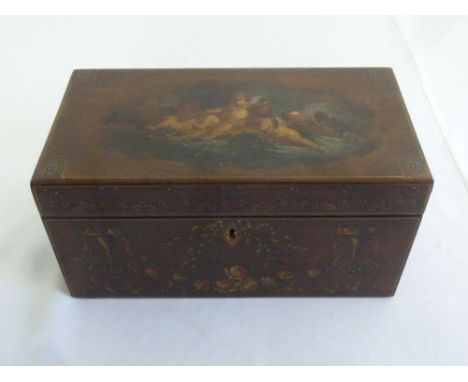 An Edwardian rectangular mahogany tea caddy decorated in the classical style with musical instruments, flowers, leaves, ribbo