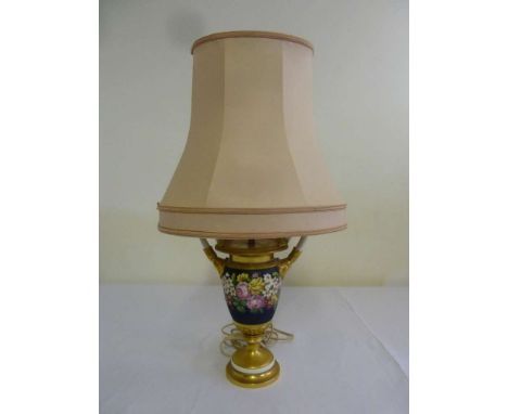 Porcelain table lamp with gilded handles and silk shade