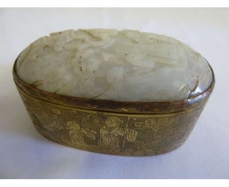 Chinese jade and brass hinged box, the sides engraved with figures and prunus blossom, the hinged cover inset with a carved j