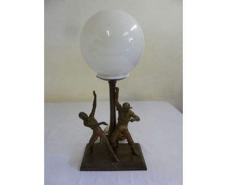 Early 20th century bronzed lamp with dancing figures of a man and lady on a raised rectangular base