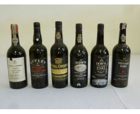 Six bottles of vintage port to include Gould Campbell 1970, Offley Boa Vista 1972, Royal Oporto 1978, Dows 1979, Dows 1985 an