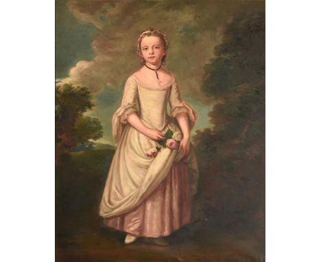 Manner of Mason Chamberlin (1727-1787) Portrait of Catherine Ayre, standing full length, holding roses before a landscape  Oi