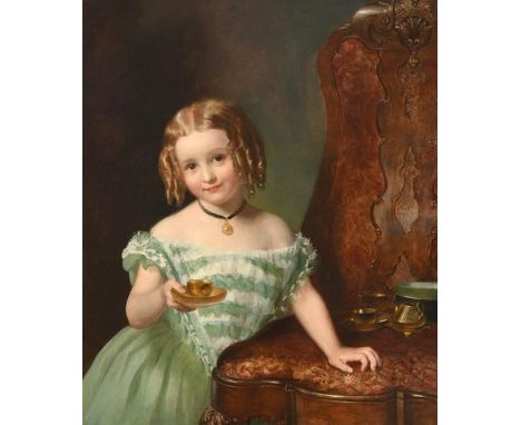 Circle of Charles Baxter (1809-1879) Afternoon tea - young girl holding a cup and saucer beside a Chippendale style chair Oil