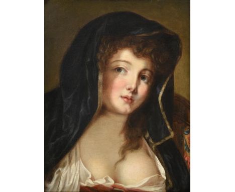 Follower of Jean-Baptiste Greuze (1725-1805) French  Portrait of a lady, head and shoulders wearing a black hooded cloak Oil 