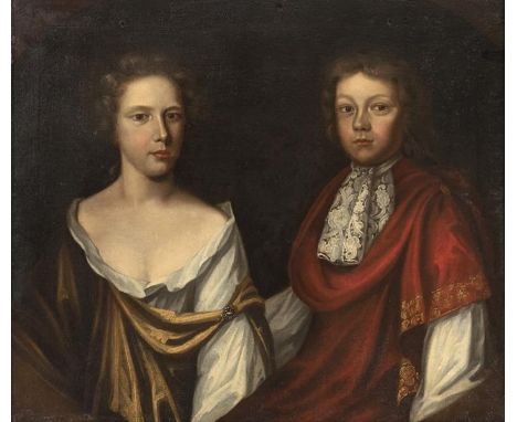 Manner of Sir Godfrey Kneller (1646-1723) Double portrait of a young lady and gentleman, half length in a feigned oval Oil on