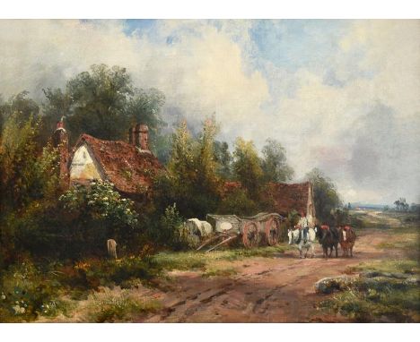 Attributed to Frederick W Watts (1800-1870) Country pathway with figure and team of horses Oil on canvas, 27cm by 36.5cm  Pro