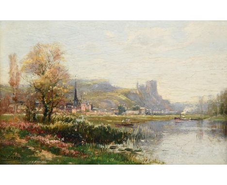 Maurice Levis (1860-1940) French River landscape with castle Signed, signed and inscribed verso ''pettit andely'' oil on pane