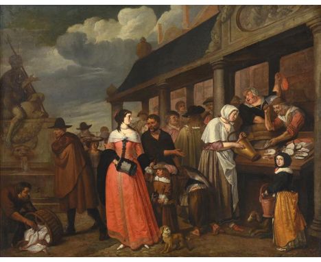 Circle of Hendrik Maertensz. Sorgh (1611-1670) Dutch  The Fish Market  Bears signature, oil on canvas, 63cm by 80cm   Provena